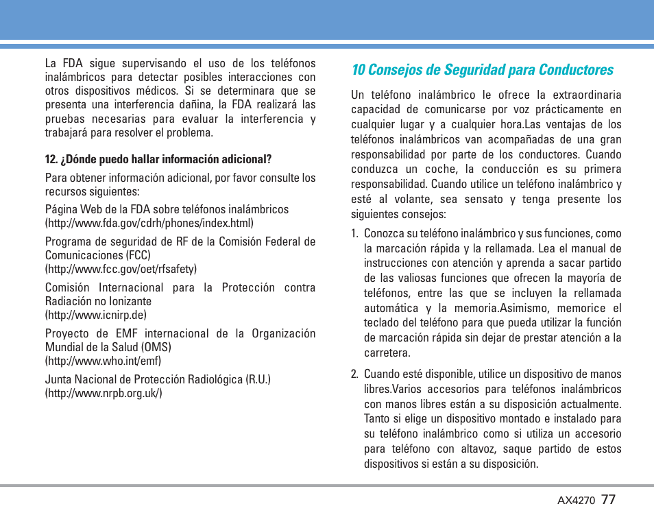 10 consejos de seguridad para conductores | LG AX4270 User Manual | Page 165 / 175