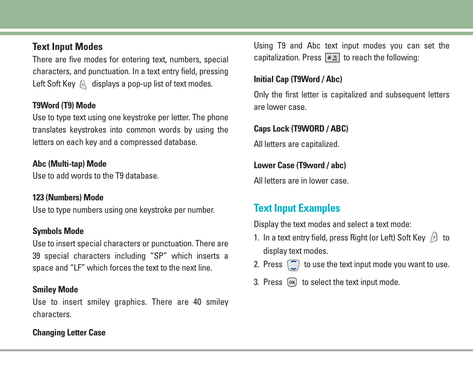 Entering and editing information, Text input examples | LG AX4270 User Manual | Page 20 / 175