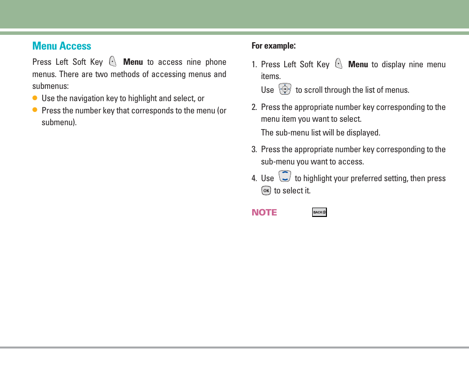 Using phone menus, Menu access | LG AX4270 User Manual | Page 32 / 175