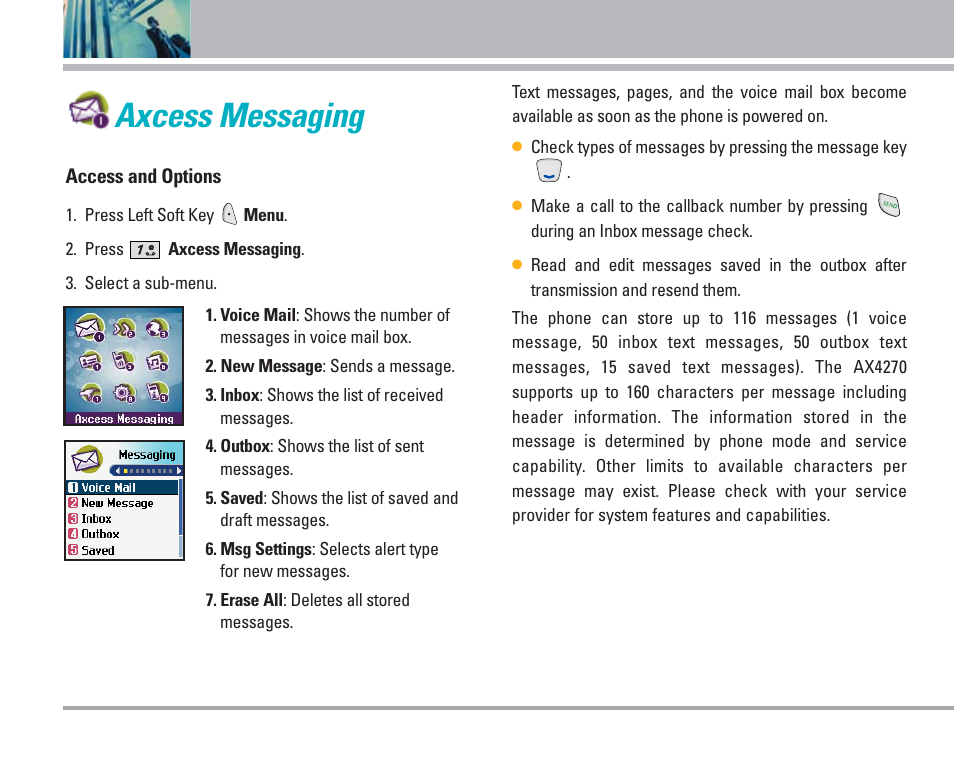 Axcess messaging, Using phone menus | LG AX4270 User Manual | Page 33 / 175