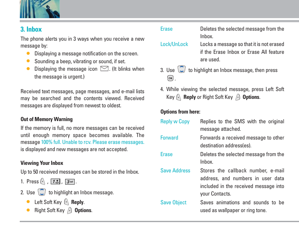 Using phone menus, Inbox | LG AX4270 User Manual | Page 37 / 175