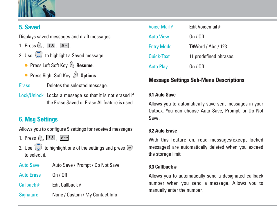 Using phone menus, Saved, Msg settings | LG AX4270 User Manual | Page 39 / 175