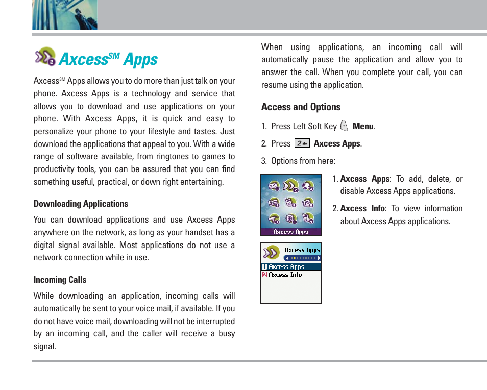 Axcess, Apps, Using phone menus | LG AX4270 User Manual | Page 41 / 175