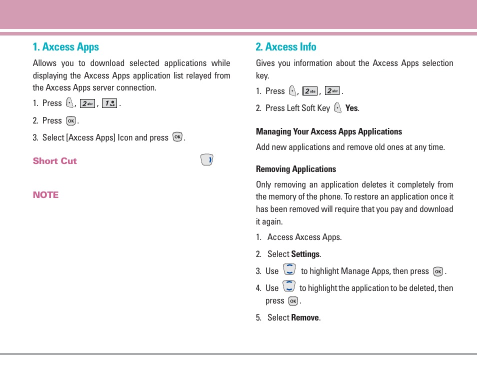 Axcess apps, Axcess info | LG AX4270 User Manual | Page 42 / 175