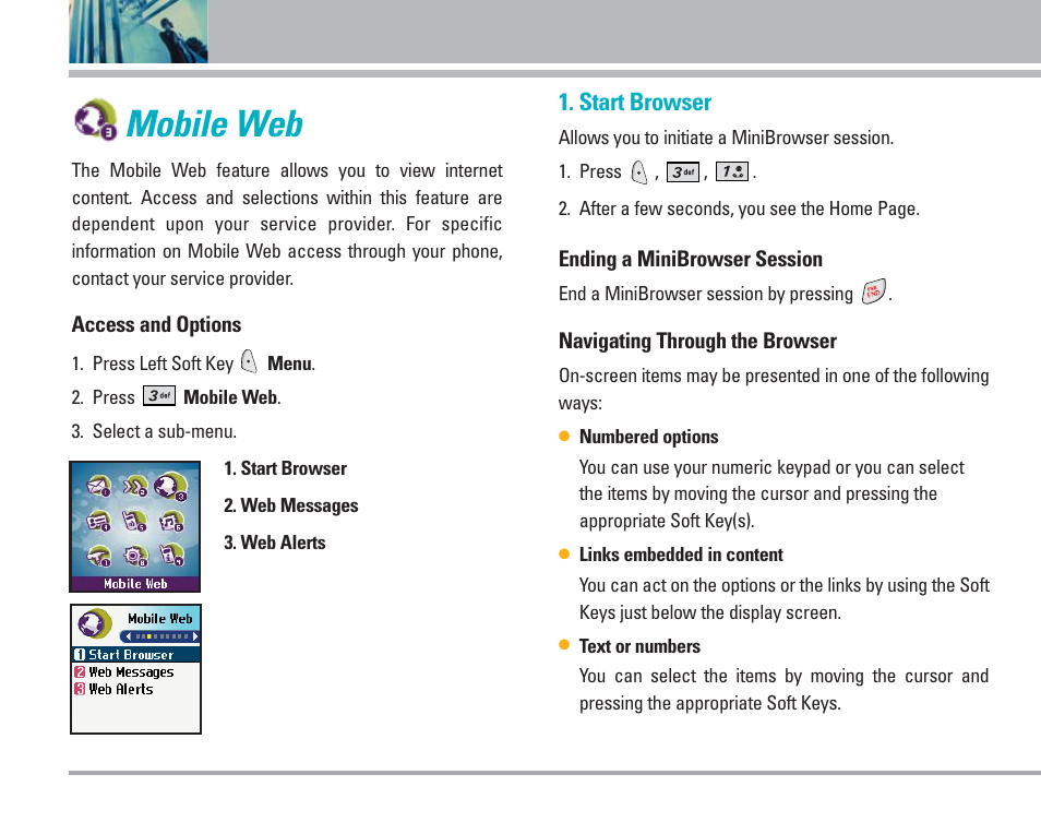 Mobile web, Using phone menus, Start browser | LG AX4270 User Manual | Page 43 / 175