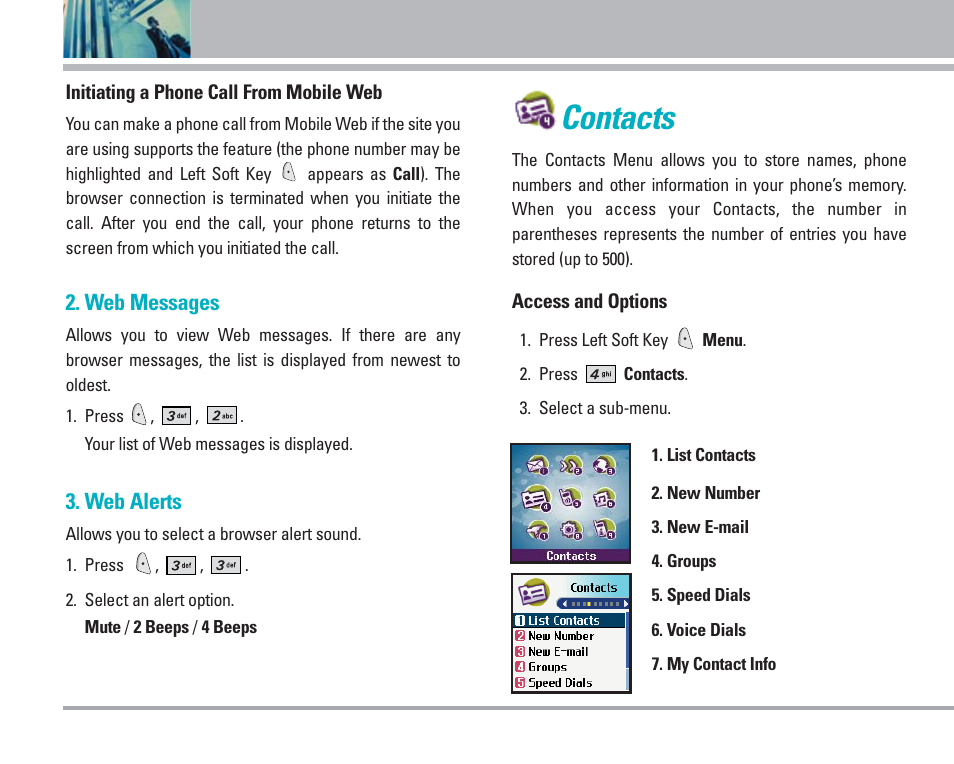 Contacts, Using phone menus, Web messages | Web alerts | LG AX4270 User Manual | Page 45 / 175