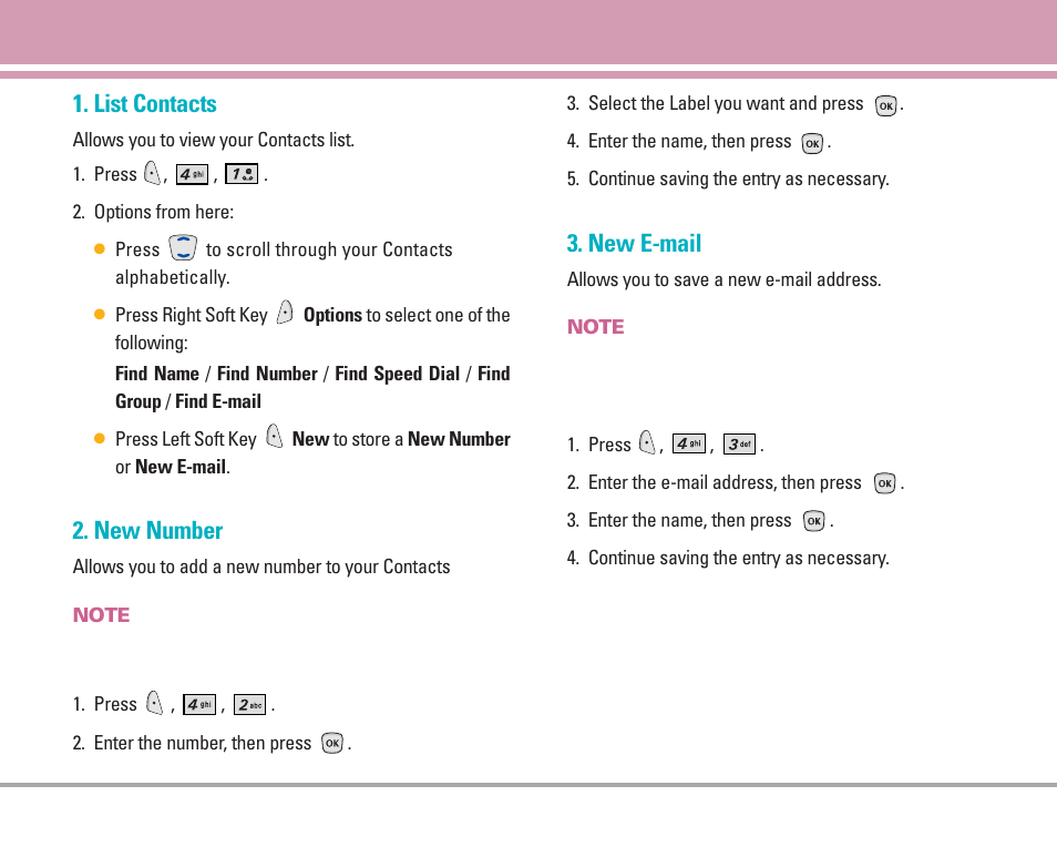 List contacts, New number, New e-mail | LG AX4270 User Manual | Page 46 / 175