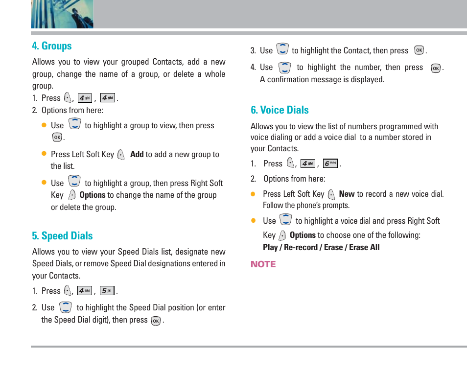 Using phone menus, Groups, Speed dials | Voice dials | LG AX4270 User Manual | Page 47 / 175
