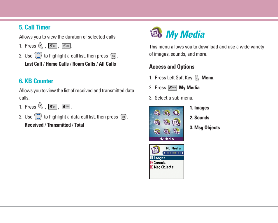 My media, Call timer, Kb counter | LG AX4270 User Manual | Page 50 / 175