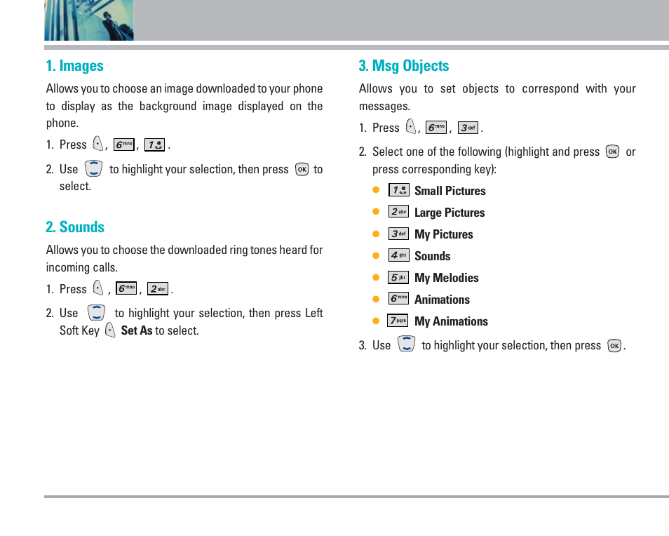 Using phone menus, Images, Sounds | Msg objects | LG AX4270 User Manual | Page 51 / 175