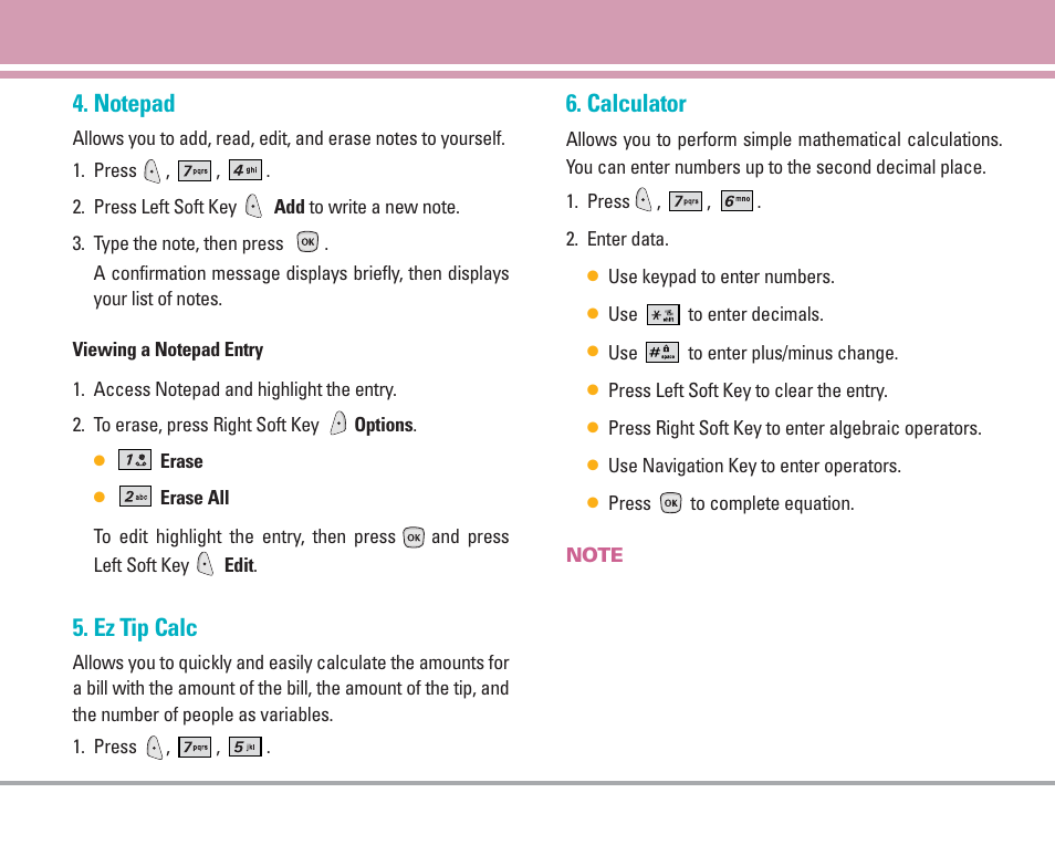 Ez tip calc, Calculator | LG AX4270 User Manual | Page 54 / 175