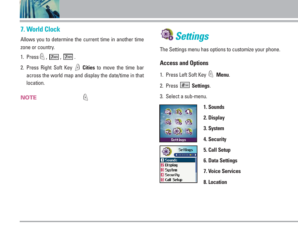 Settings, Using phone menus, World clock | LG AX4270 User Manual | Page 55 / 175