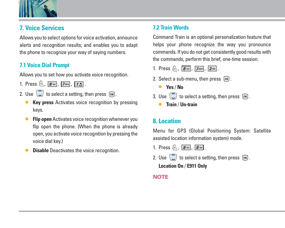 Using phone menus, Voice services, Location | LG AX4270 User Manual | Page 65 / 175