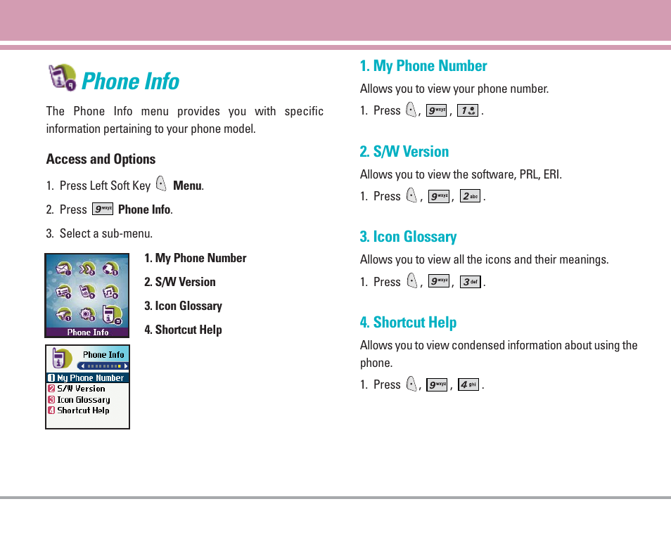 Phone info, My phone number, S/w version | Icon glossary, Shortcut help | LG AX4270 User Manual | Page 66 / 175