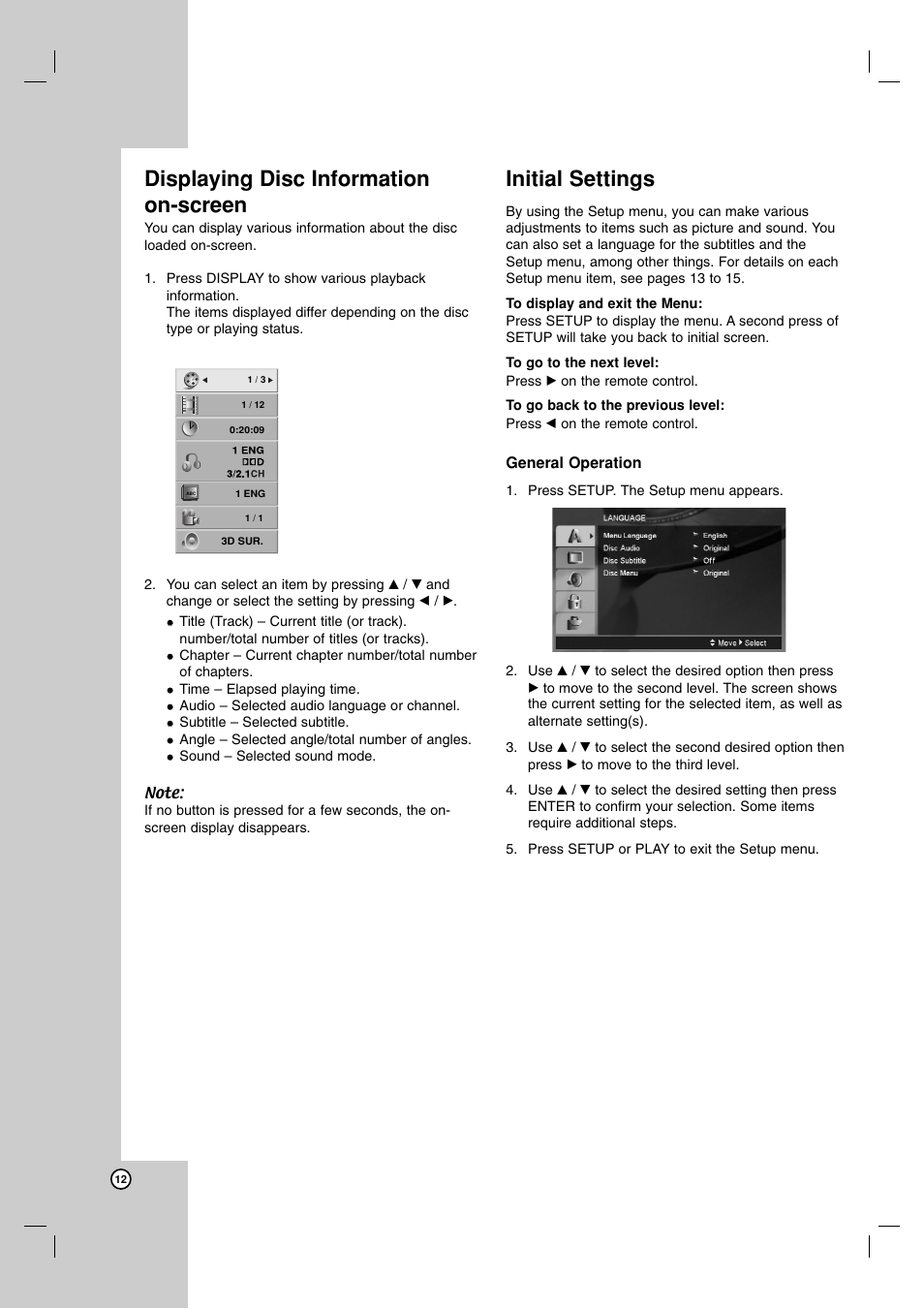 Displaying disc information on-screen, Initial settings | LG LDA-731 User Manual | Page 12 / 26