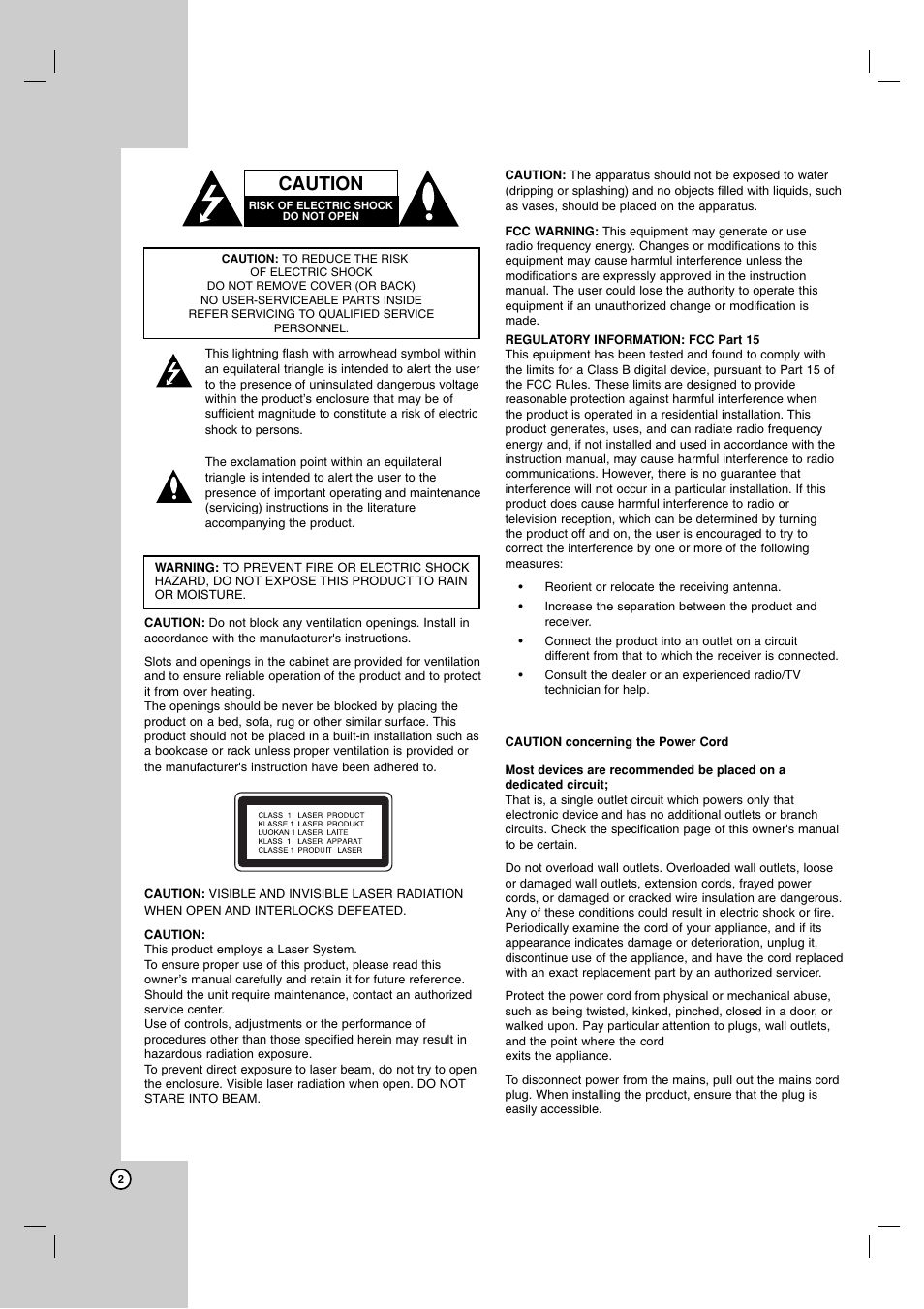 Caution | LG LDA-731 User Manual | Page 2 / 26