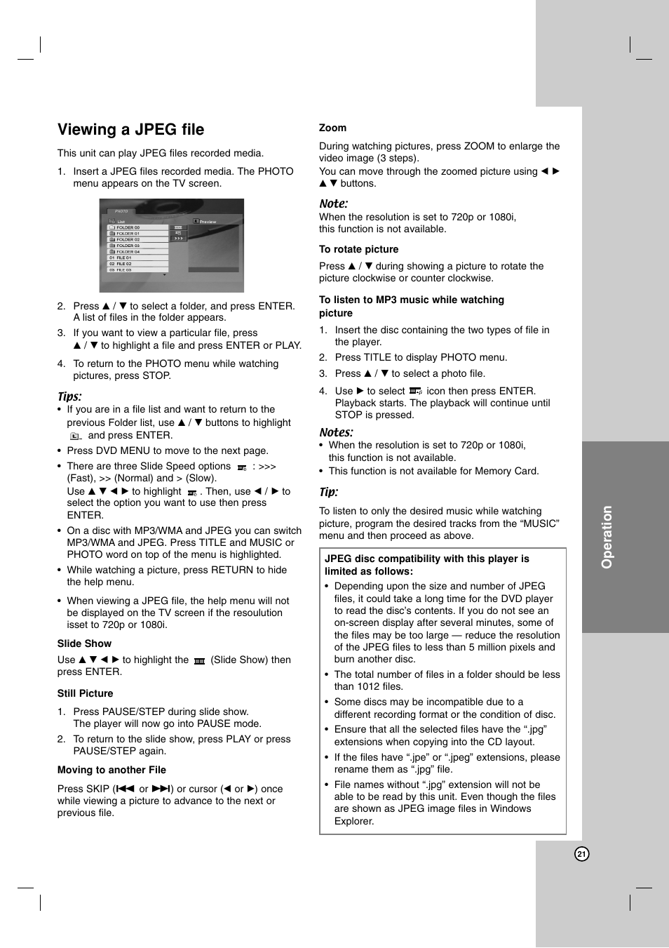 Viewing a jpeg file, Operation | LG LDA-731 User Manual | Page 21 / 26