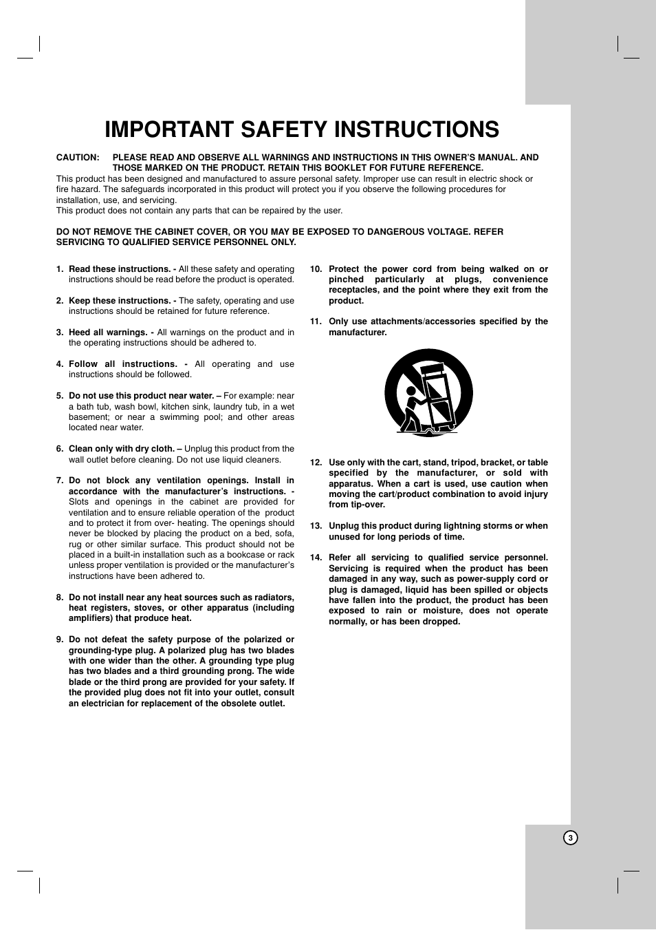 Important safety instructions | LG LDA-731 User Manual | Page 3 / 26