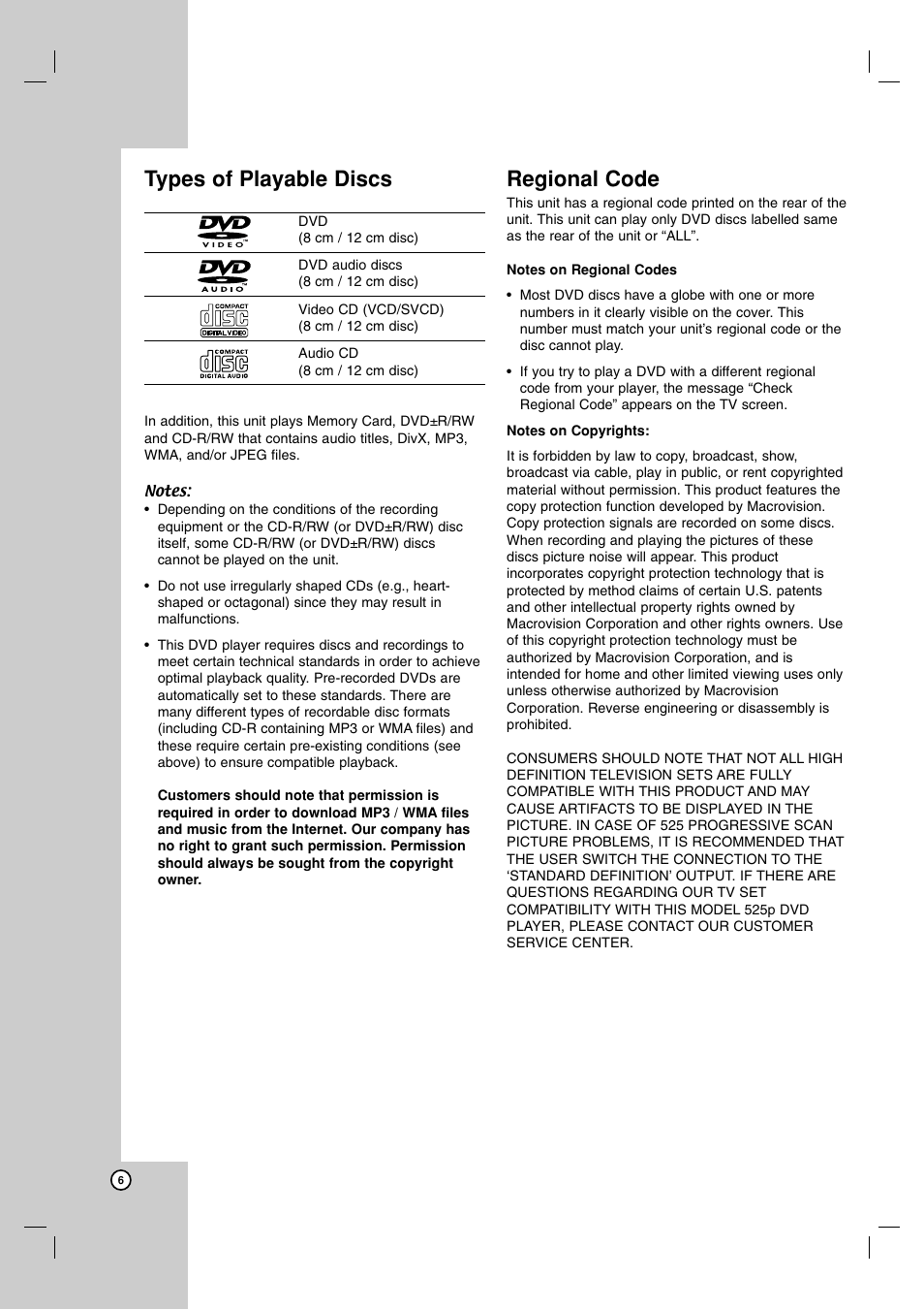 Types of playable discs, Regional code | LG LDA-731 User Manual | Page 6 / 26