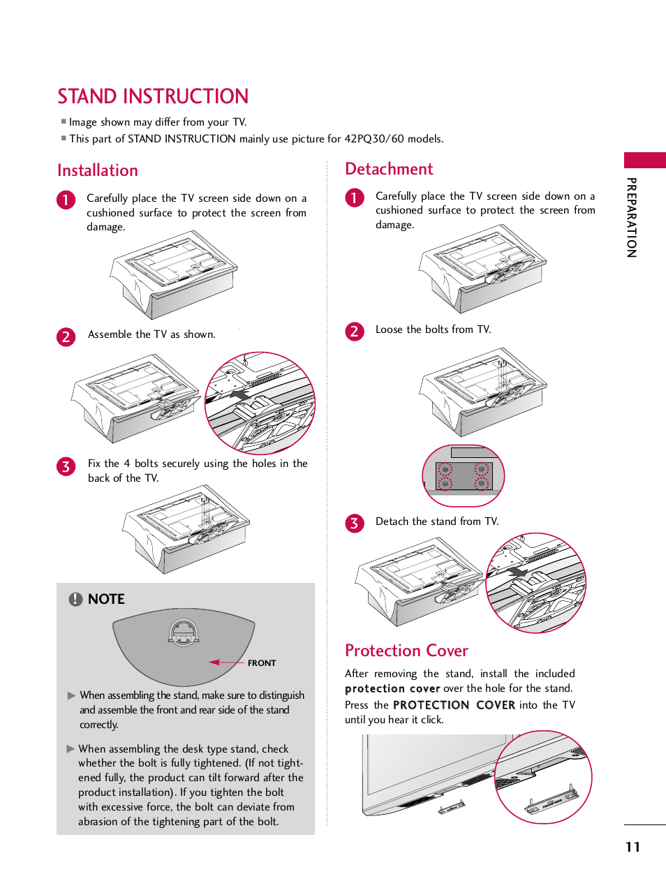 Stand instruction, Protection cover, Installation detachment | LG SAC33575901 User Manual | Page 13 / 117