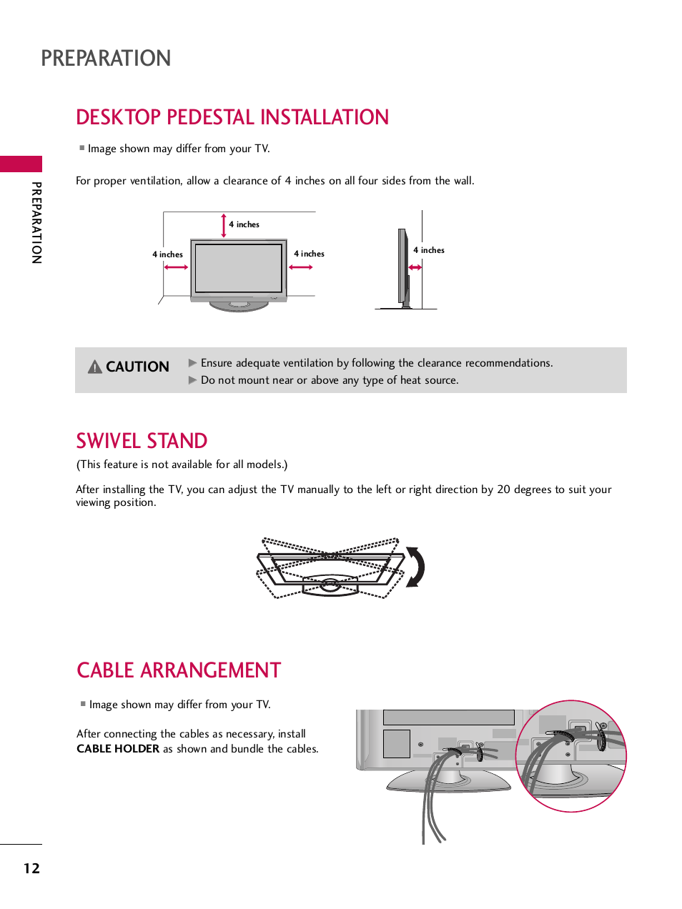 Desktop pedestal installation, Swivel stand, Cable arrangement | Preparation, Caution | LG SAC33575901 User Manual | Page 14 / 117