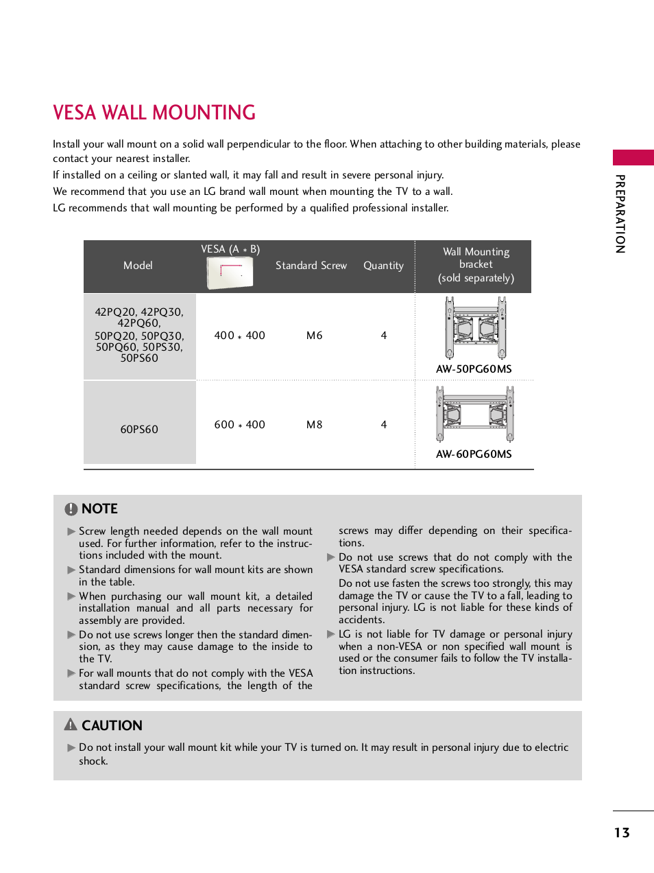 Vesa wall mounting, Caution, Prep ar a tion | LG SAC33575901 User Manual | Page 15 / 117