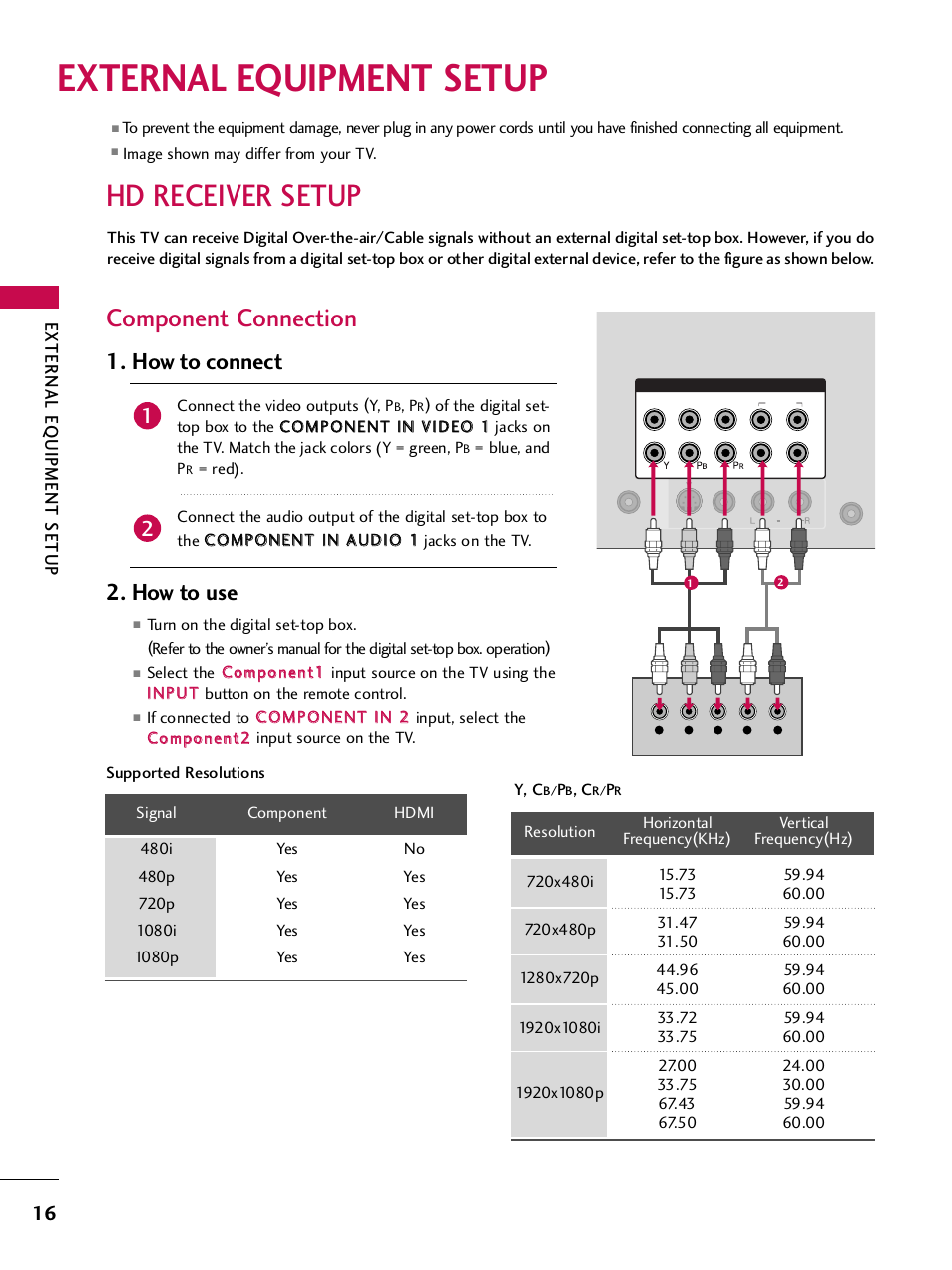 External equipment setup, Hd receiver setup, Component connection | How to connect, How to use, External eq uipment setup | LG SAC33575901 User Manual | Page 18 / 117