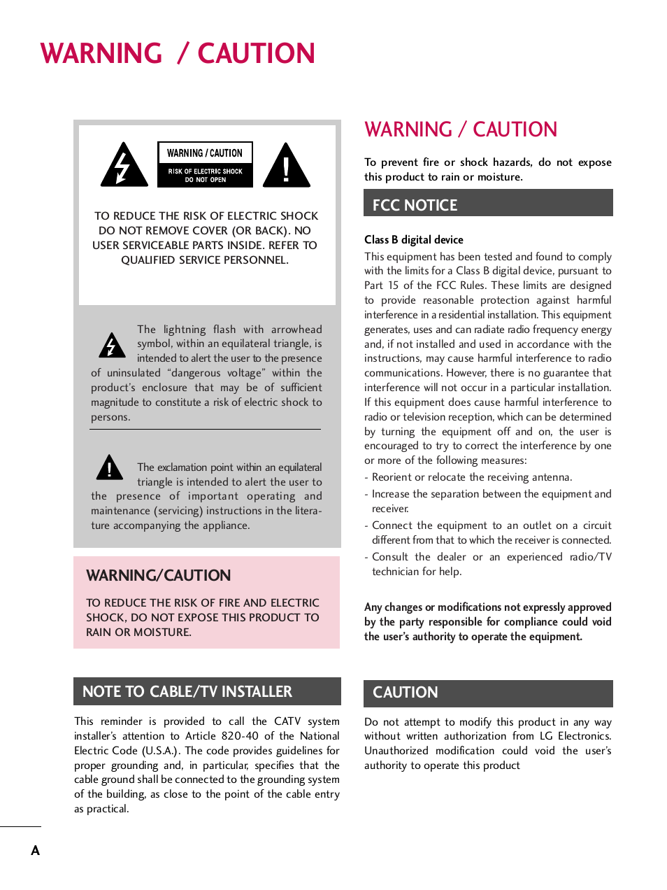 Warning / caution, Fcc notice, Caution | Warning/caution | LG SAC33575901 User Manual | Page 2 / 117