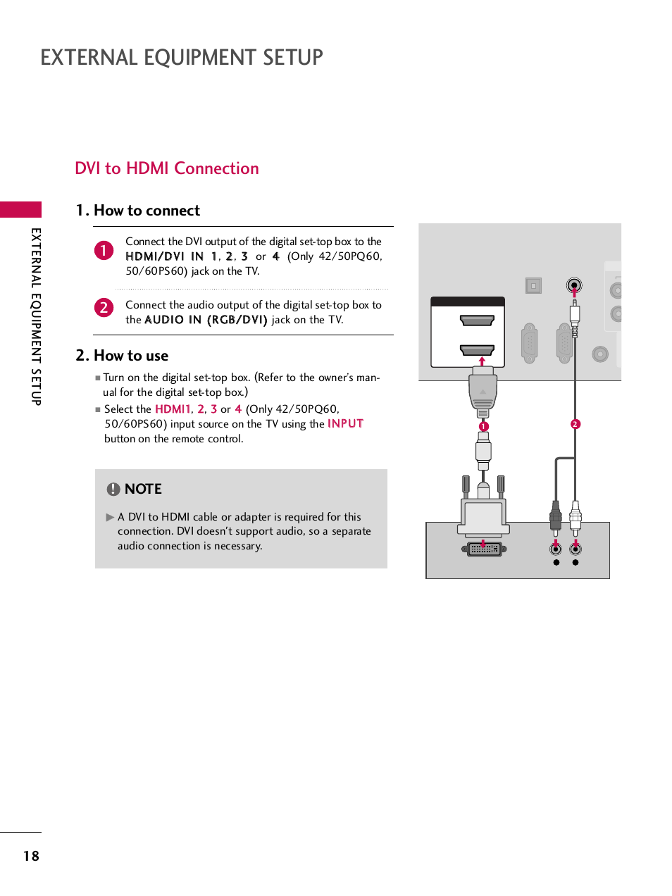 Dvi to hdmi connection, External equipment setup, How to connect 2. how to use | External eq uipment setup | LG SAC33575901 User Manual | Page 20 / 117