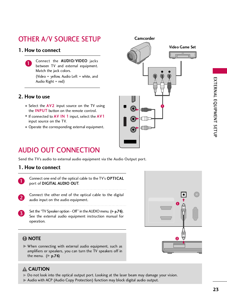 Other a/v source setup, Audio out connection, Other a/v source setup audio out connection | How to connect 2. how to use, How to connect, Caution, External eq uipment setup, Camcorder | LG SAC33575901 User Manual | Page 25 / 117