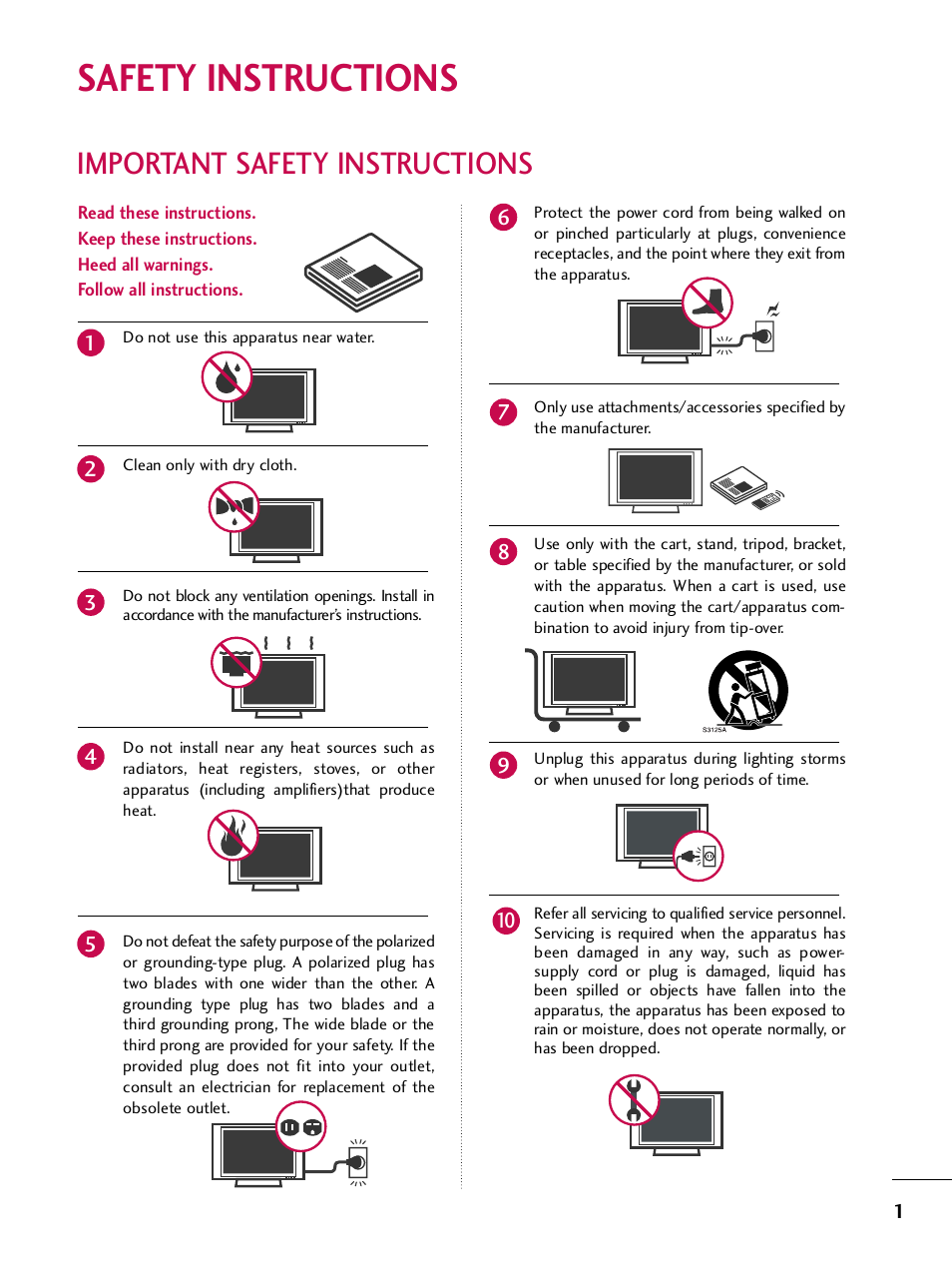 Safety instructions, Important safety instructions | LG SAC33575901 User Manual | Page 3 / 117