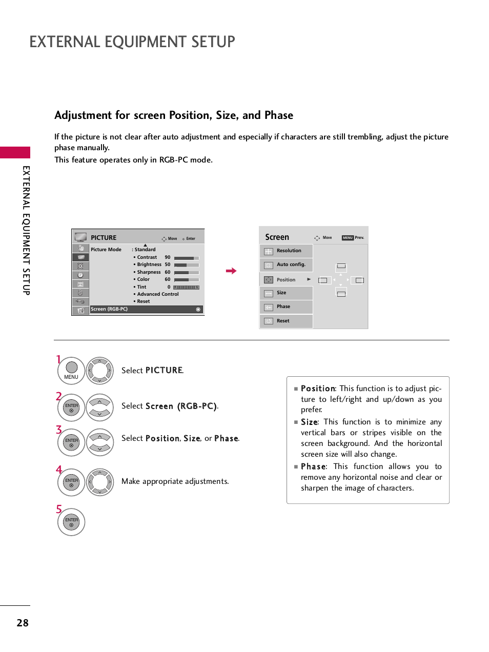 External equipment setup, Adjustment for screen position, size, and phase, External eq uipment setup | LG SAC33575901 User Manual | Page 30 / 117