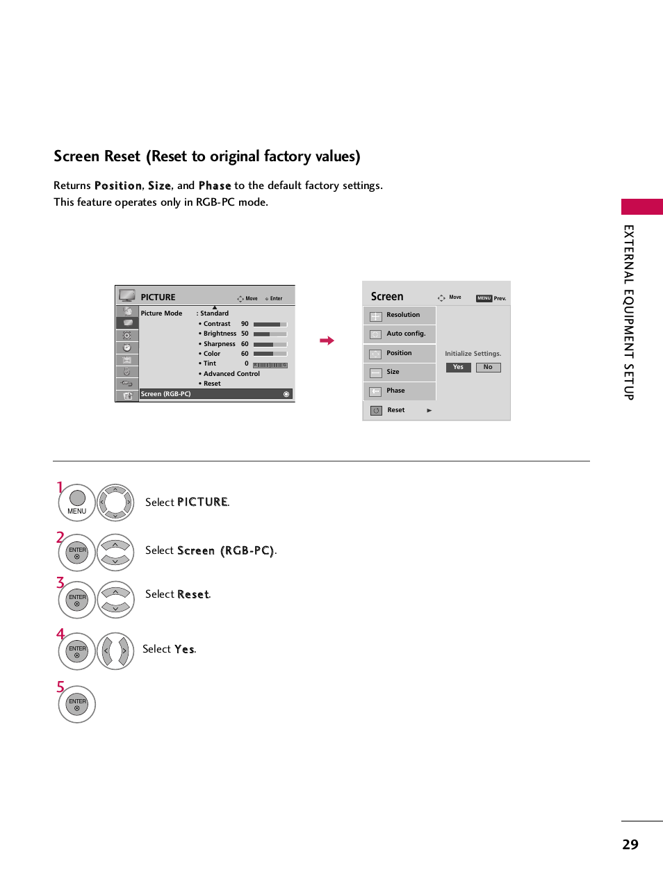 Screen reset (reset to original factory values), External eq uipment setup | LG SAC33575901 User Manual | Page 31 / 117