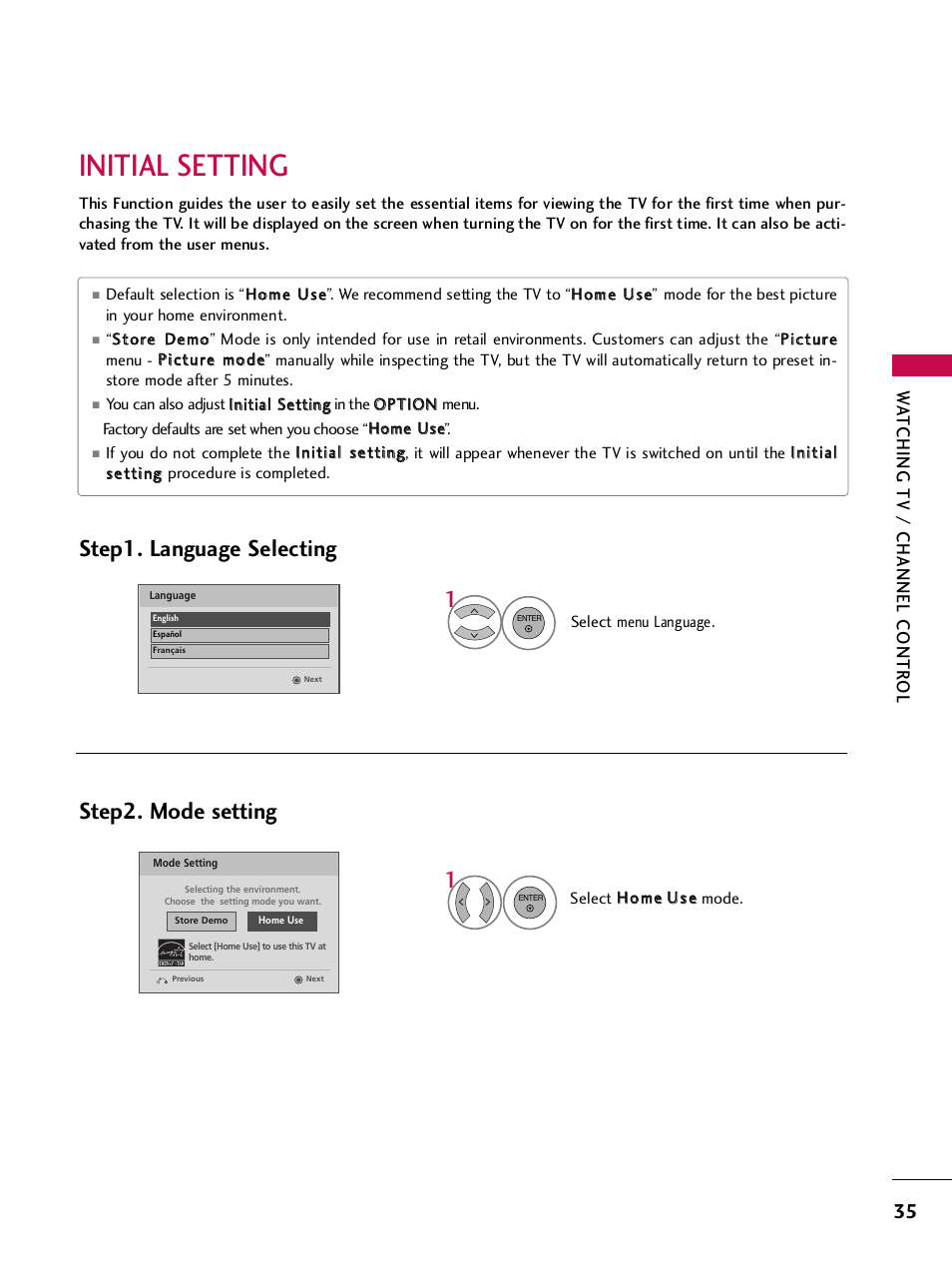 Initial setting, Step2. mode setting, Step1. language selecting | Wa tching tv / channel contr ol | LG SAC33575901 User Manual | Page 37 / 117