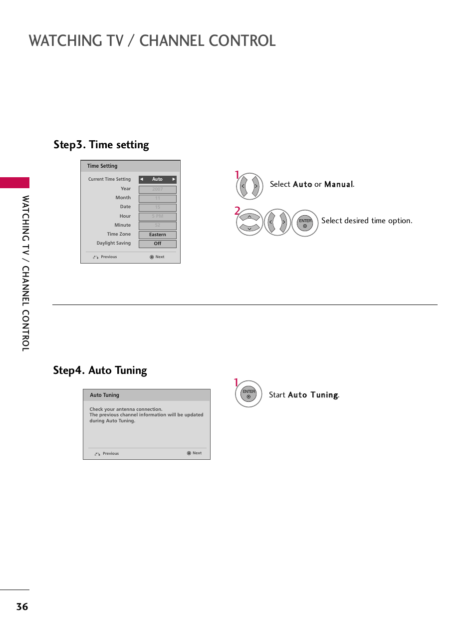 Watching tv / channel control, Step3. time setting, Step4. auto tuning | Wa tching tv / channel contr ol | LG SAC33575901 User Manual | Page 38 / 117