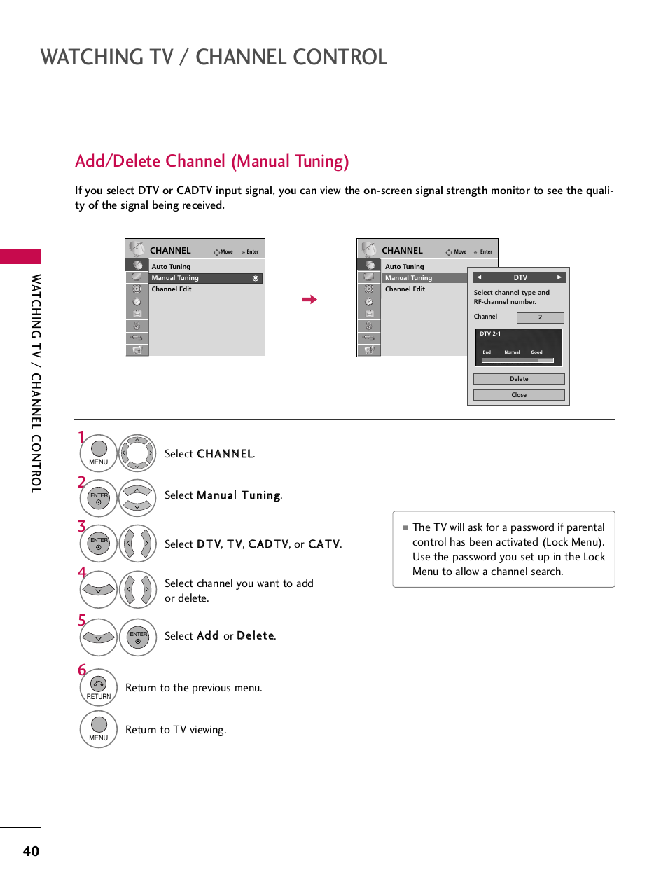 Add/delete channel (manual tuning), Watching tv / channel control, Wa tching tv / channel contr ol | LG SAC33575901 User Manual | Page 42 / 117