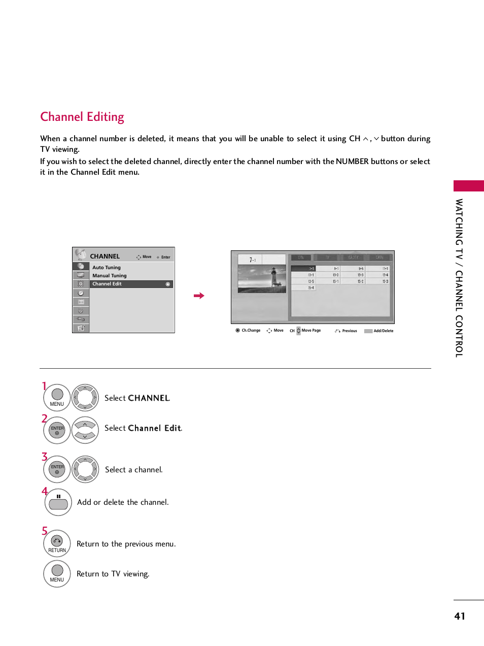 Channel editing, Wa tching tv / channel contr ol | LG SAC33575901 User Manual | Page 43 / 117