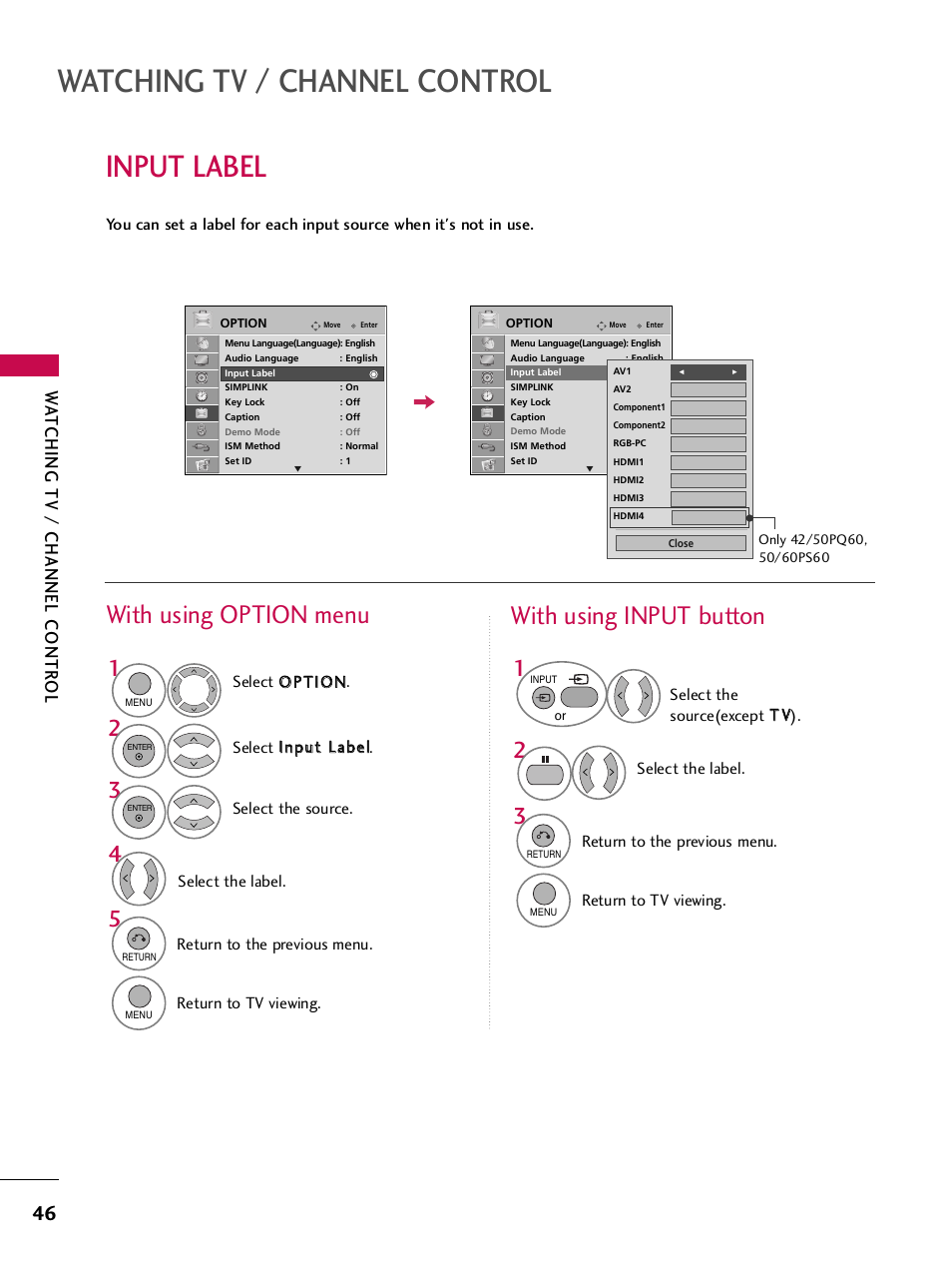 Input label, Watching tv / channel control, With using option menu | With using input button, Wa tching tv / channel contr ol | LG SAC33575901 User Manual | Page 48 / 117