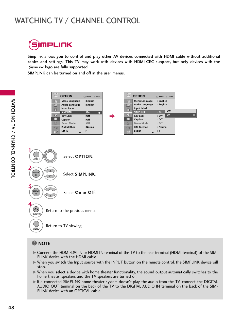 Simplink, Watching tv / channel control, Wa tching tv / channel contr ol | LG SAC33575901 User Manual | Page 50 / 117