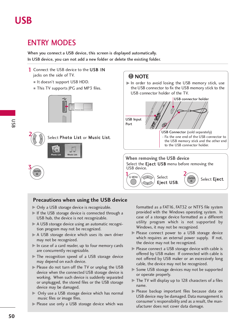 Entry modes, Precautions when using the usb device, When removing the usb device | LG SAC33575901 User Manual | Page 52 / 117