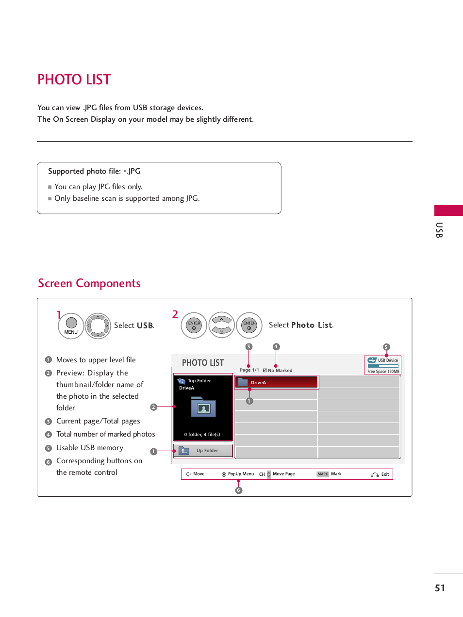 Photo list, Screen components | LG SAC33575901 User Manual | Page 53 / 117