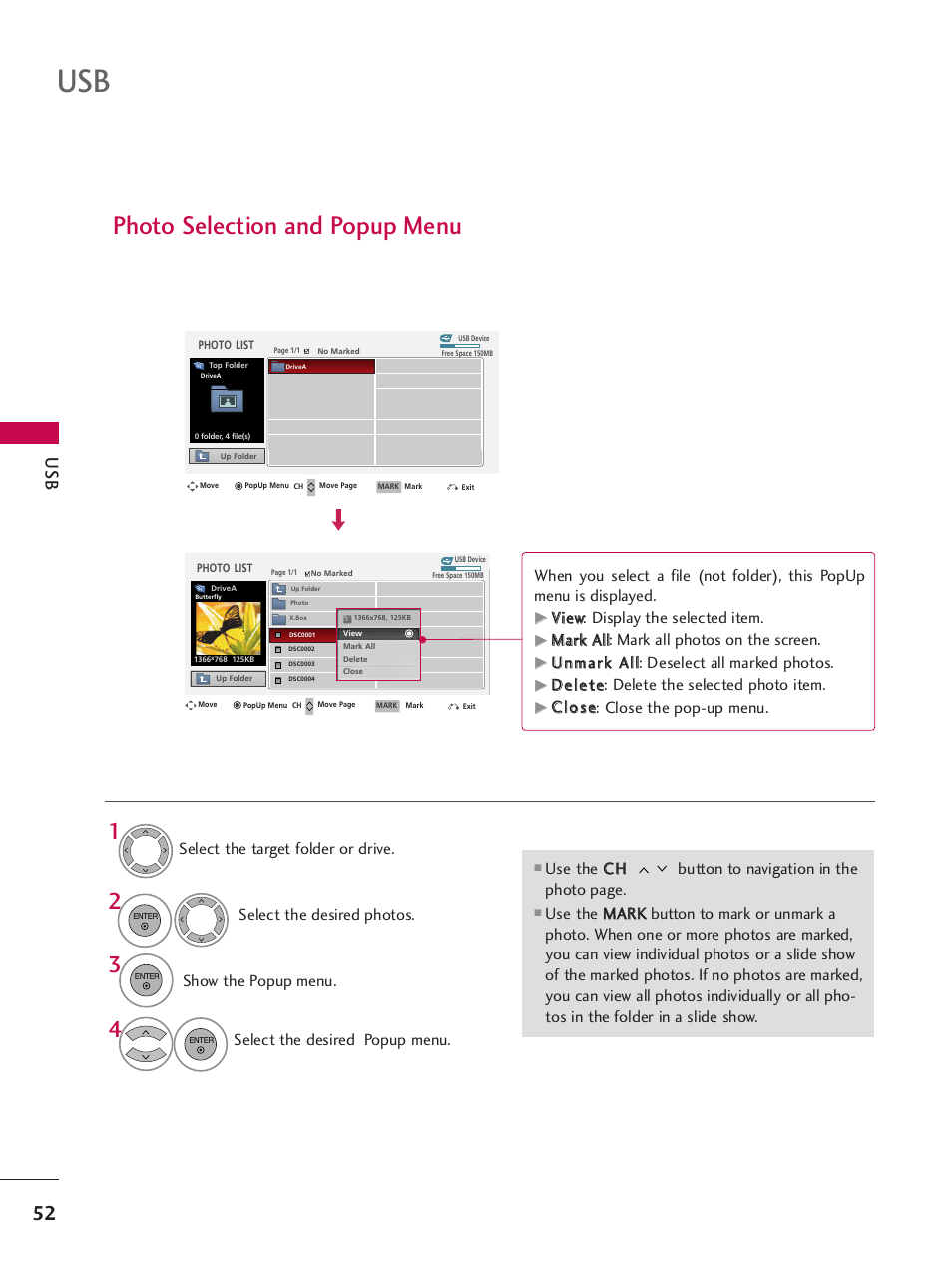 Photo selection and popup menu, Show the popup menu, Select the desired popup menu | Vviieew w: display the selected item, Ddeelleettee: delete the selected photo item, Cc ll o o ss ee: close the pop-up menu | LG SAC33575901 User Manual | Page 54 / 117