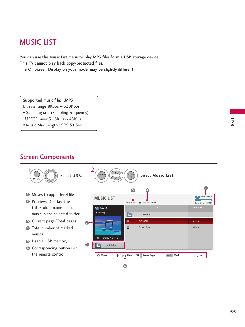 Music list, Screen components | LG SAC33575901 User Manual | Page 57 / 117