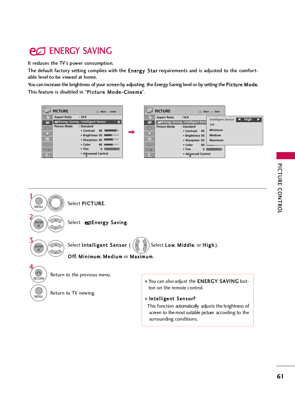 Energy saving, Picture contr ol | LG SAC33575901 User Manual | Page 63 / 117