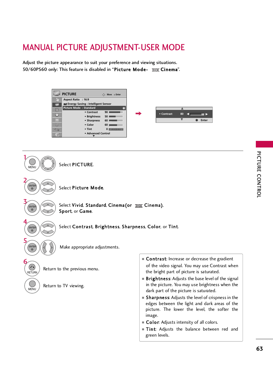 Manual picture adjustment-user mode, Picture contr ol | LG SAC33575901 User Manual | Page 65 / 117