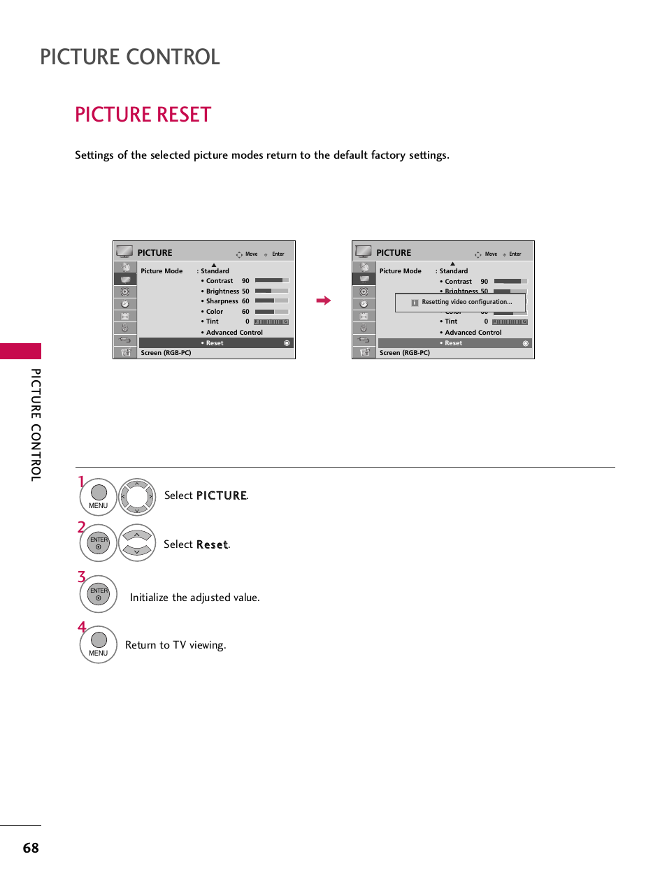 Picture reset, Picture control, Picture contr ol | Return to tv viewing | LG SAC33575901 User Manual | Page 70 / 117