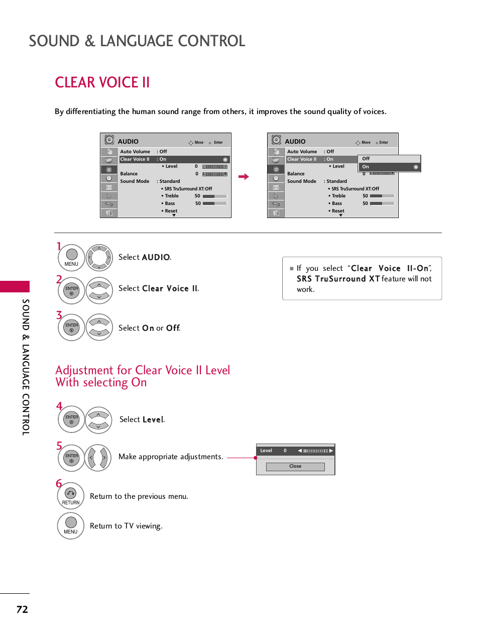 Clear voice ii, Sound & language control, Sound & langu a ge contr ol | LG SAC33575901 User Manual | Page 74 / 117
