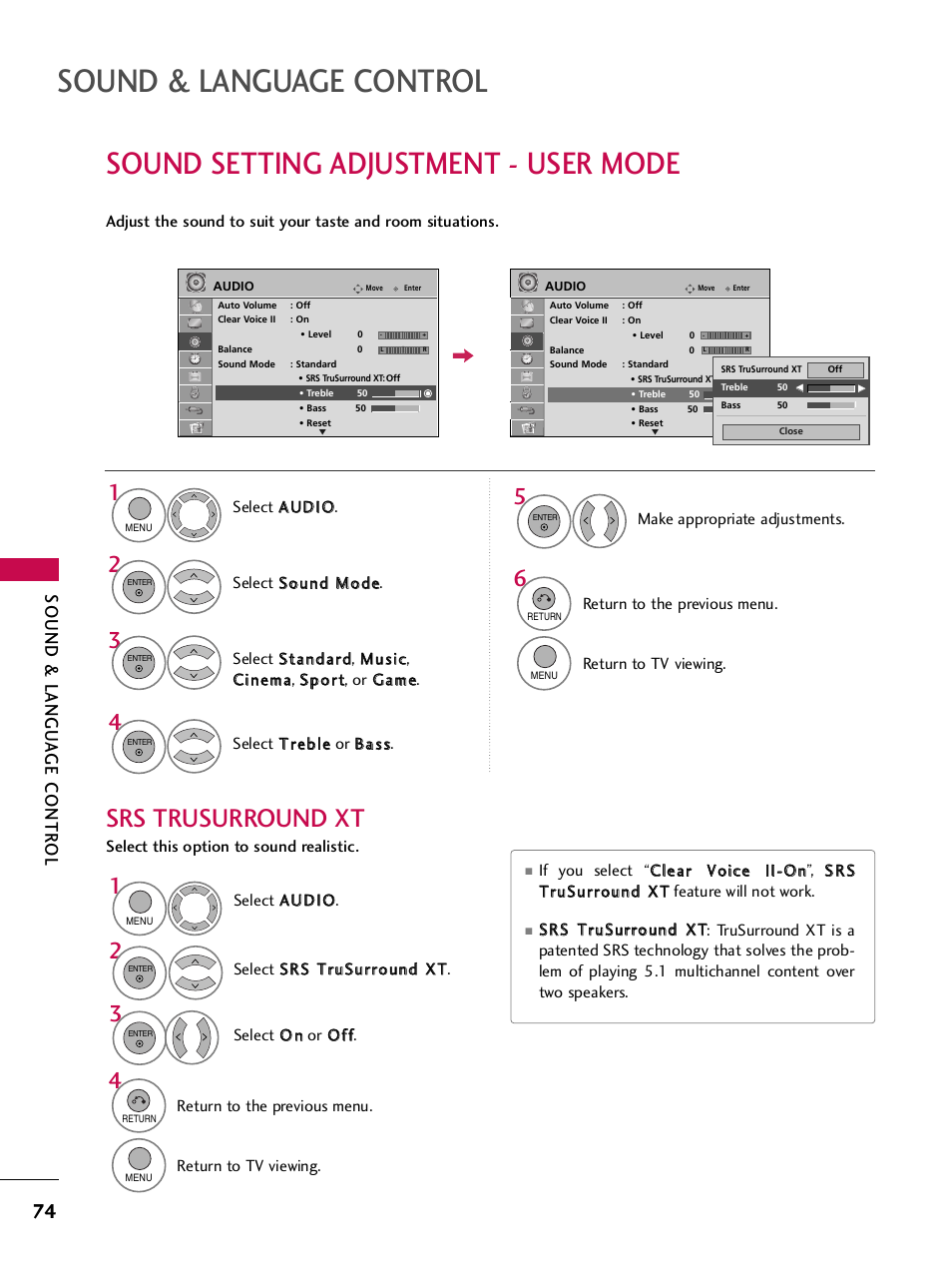 Sound setting adjustment - user mode, Sound & language control, Srs trusurround xt | Sound & langu a ge contr ol | LG SAC33575901 User Manual | Page 76 / 117