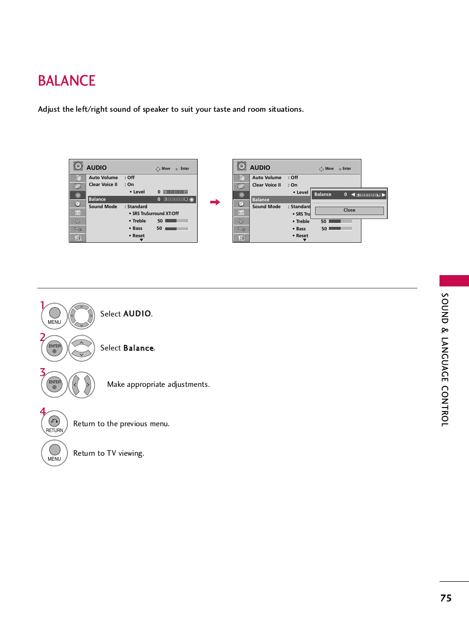 Balance, Sound & langu a ge contr ol, Return to the previous menu | Return to tv viewing | LG SAC33575901 User Manual | Page 77 / 117