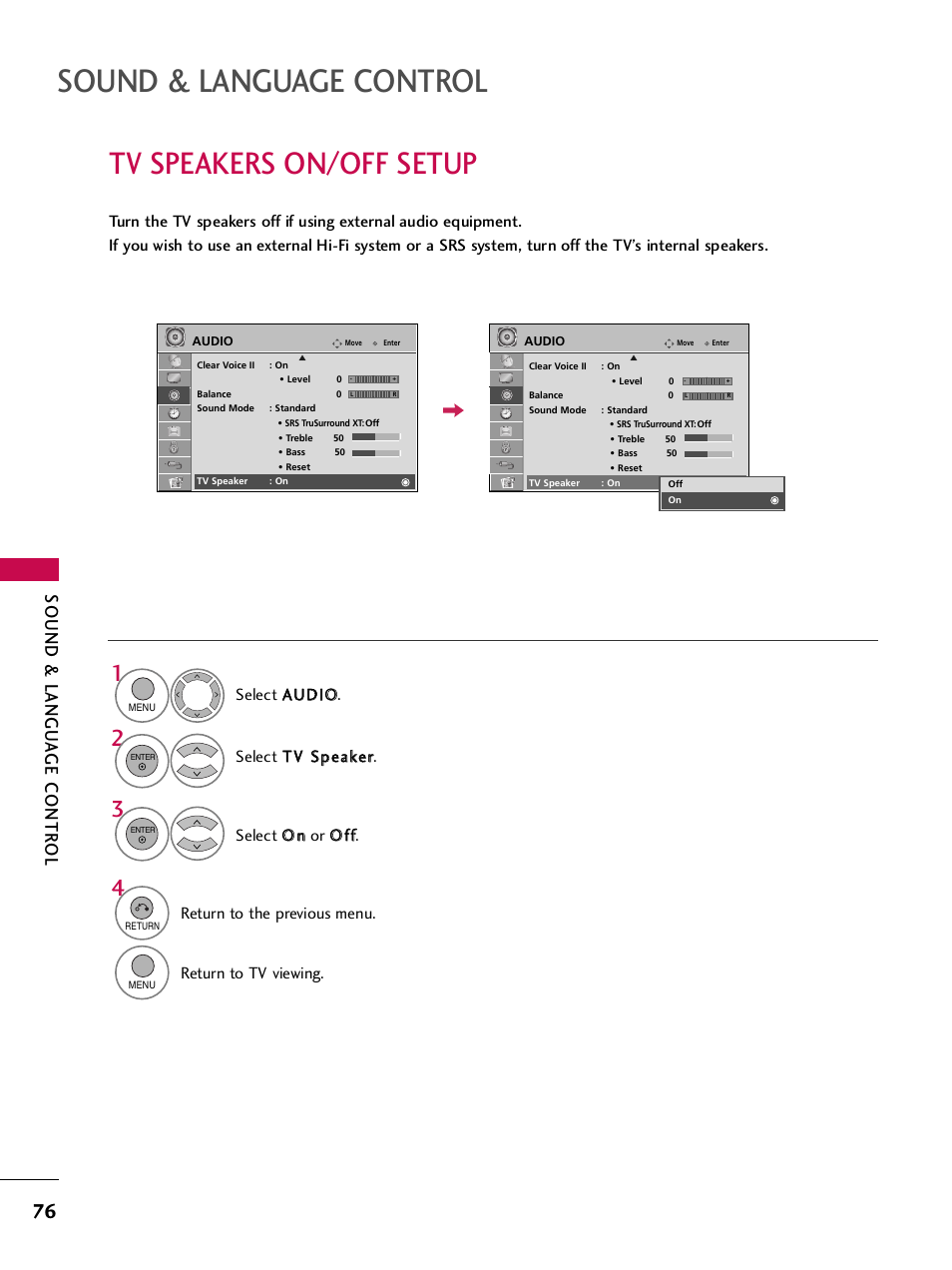 Tv speakers on/off setup, Sound & language control, Sound & langu a ge contr ol | Return to the previous menu, Return to tv viewing | LG SAC33575901 User Manual | Page 78 / 117